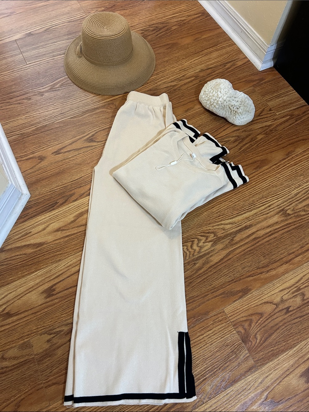 Cream Knit Lounge Set with Black Stripe Trim
